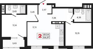 2-к квартира, вторичка, 65м2, 10/11 этаж