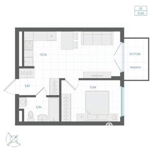 1-к квартира, вторичка, 38м2, 1/4 этаж