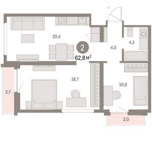 2-к квартира, вторичка, 63м2, 9/9 этаж