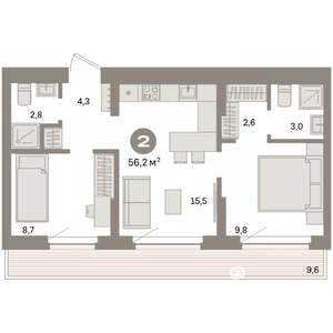 2-к квартира, вторичка, 56м2, 8/9 этаж