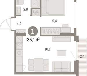 1-к квартира, вторичка, 35м2, 9/9 этаж