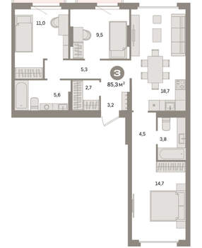 3-к квартира, вторичка, 85м2, 7/9 этаж