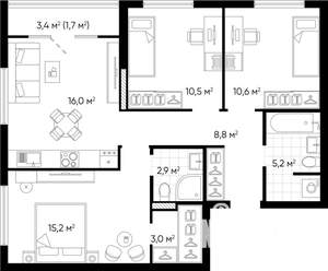 3-к квартира, вторичка, 74м2, 12/24 этаж