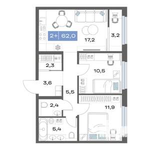 2-к квартира, строящийся дом, 62м2, 16/17 этаж