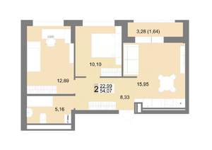 2-к квартира, строящийся дом, 54м2, 5/22 этаж