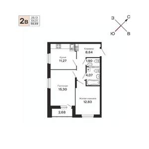 2-к квартира, строящийся дом, 57м2, 15/21 этаж
