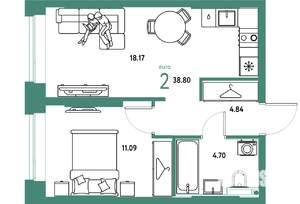 2-к квартира, строящийся дом, 39м2, 2/24 этаж