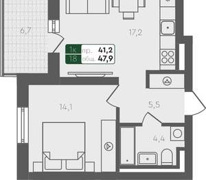 1-к квартира, вторичка, 48м2, 4/2 этаж