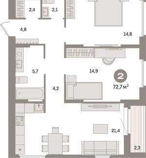 2-к квартира, вторичка, 73м2, 12/16 этаж