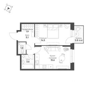 1-к квартира, строящийся дом, 43м2, 7/16 этаж