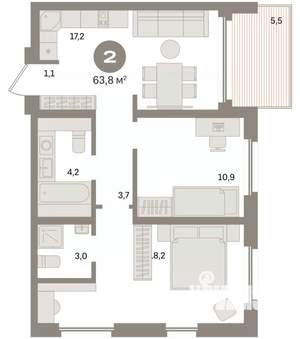 2-к квартира, вторичка, 64м2, 15/24 этаж