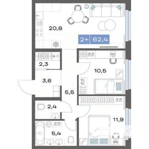 2-к квартира, вторичка, 62м2, 5/17 этаж