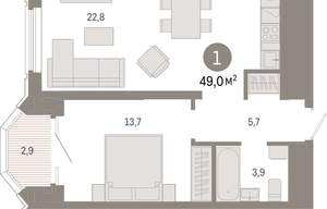 1-к квартира, вторичка, 49м2, 12/24 этаж