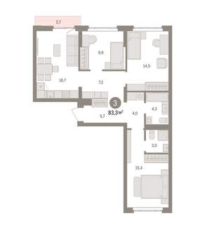 3-к квартира, вторичка, 83м2, 4/16 этаж