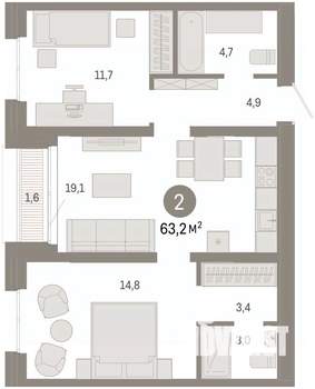 2-к квартира, вторичка, 63м2, 2/9 этаж