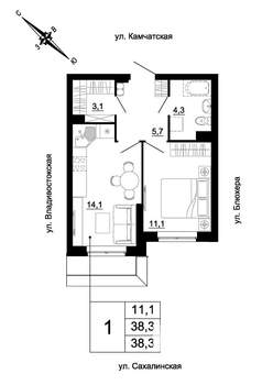 1-к квартира, строящийся дом, 38м2, 2/24 этаж