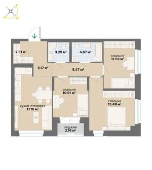 3-к квартира, строящийся дом, 78м2, 3/14 этаж