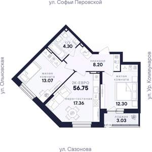 2-к квартира, вторичка, 57м2, 3/17 этаж