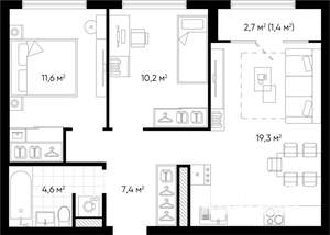 2-к квартира, строящийся дом, 54м2, 6/24 этаж