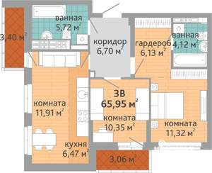 3-к квартира, строящийся дом, 66м2, 15/24 этаж
