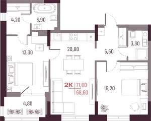 2-к квартира, вторичка, 69м2, 5/25 этаж