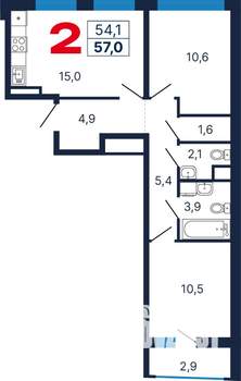 2-к квартира, вторичка, 57м2, 7/7 этаж