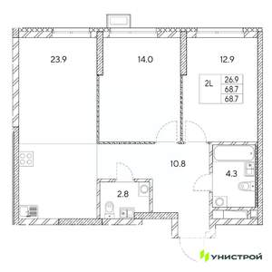 2-к квартира, вторичка, 69м2, 13/31 этаж