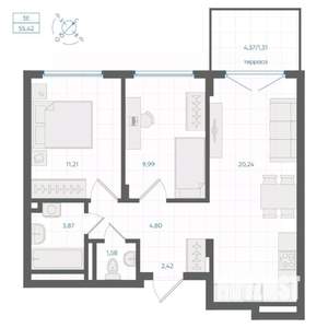 2-к квартира, строящийся дом, 55м2, 1/4 этаж
