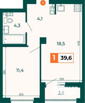 1-к квартира, строящийся дом, 40м2, 2/25 этаж