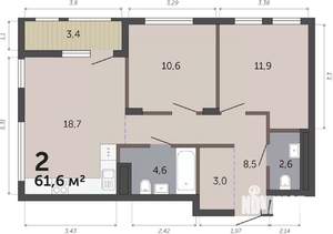 2-к квартира, вторичка, 62м2, 8/19 этаж