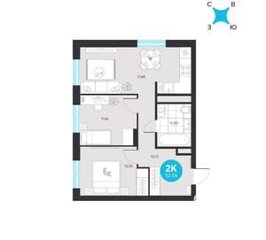 2-к квартира, строящийся дом, 53м2, 3/22 этаж