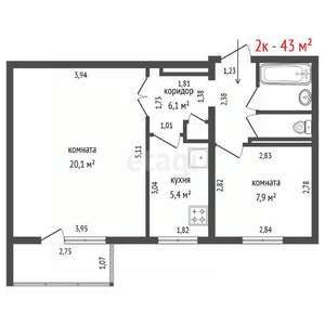 2-к квартира, вторичка, 43м2, 3/9 этаж