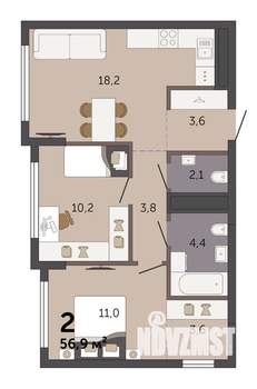 2-к квартира, строящийся дом, 57м2, 27/32 этаж