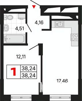 1-к квартира, вторичка, 38м2, 23/25 этаж