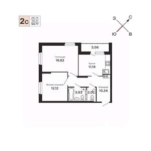 2-к квартира, строящийся дом, 60м2, 16/21 этаж