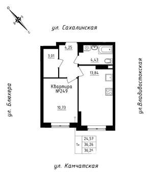 1-к квартира, строящийся дом, 36м2, 21/25 этаж