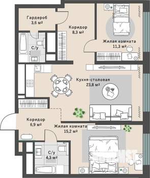 2-к квартира, строящийся дом, 77м2, 6/29 этаж
