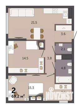 2-к квартира, строящийся дом, 69м2, 10/32 этаж