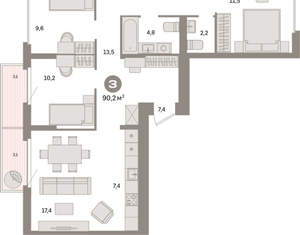 3-к квартира, вторичка, 90м2, 9/16 этаж