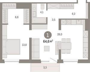 1-к квартира, вторичка, 65м2, 6/8 этаж