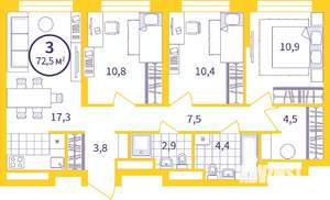 3-к квартира, вторичка, 72м2, 6/24 этаж