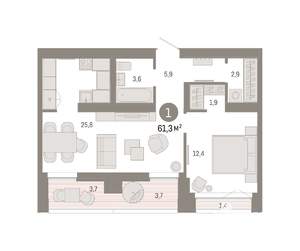 1-к квартира, вторичка, 61м2, 15/16 этаж