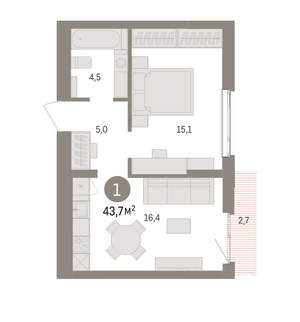 1-к квартира, вторичка, 44м2, 5/25 этаж