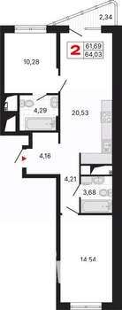 2-к квартира, вторичка, 64м2, 8/25 этаж