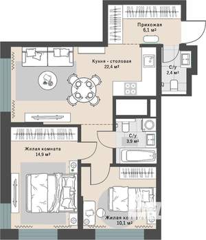 2-к квартира, строящийся дом, 63м2, 24/29 этаж