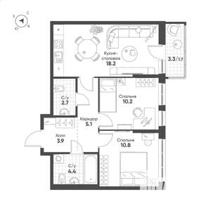 2-к квартира, строящийся дом, 57м2, 8/15 этаж