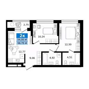 2-к квартира, строящийся дом, 57м2, 15/25 этаж