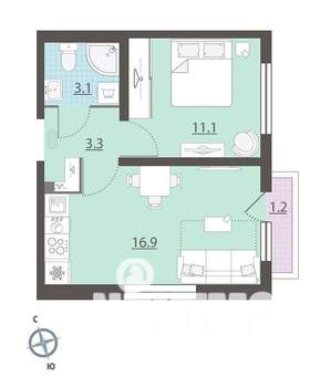 1-к квартира, вторичка, 35м2, 13/16 этаж