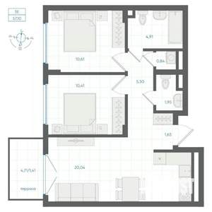 2-к квартира, строящийся дом, 57м2, 1/4 этаж