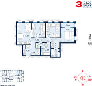 3-к квартира, вторичка, 76м2, 22/25 этаж